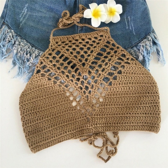 Tops - Boho Handmade Khaki Crochet Halter Crop Top